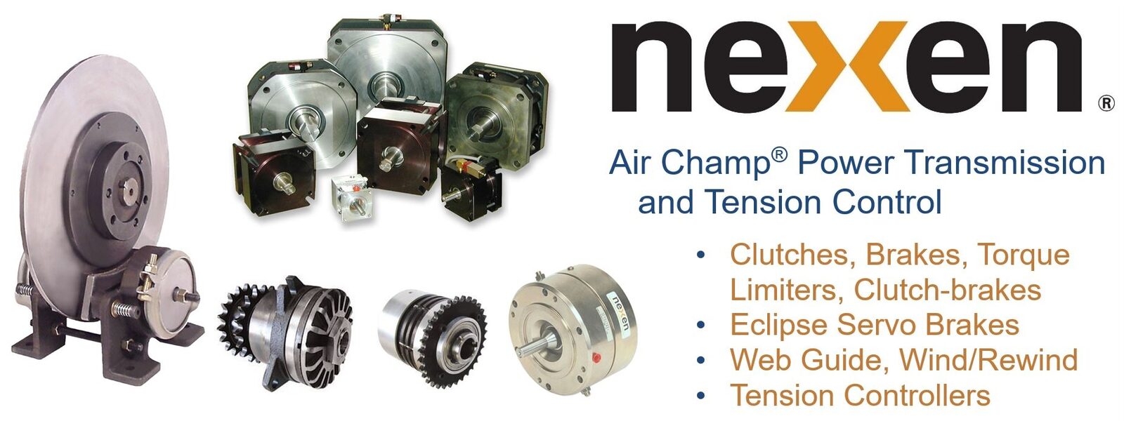 Nexen Air Champ power transmission and tension control &mdash; clutches, brakes, torque limiters, servo brakes, web guide, and tension controllers