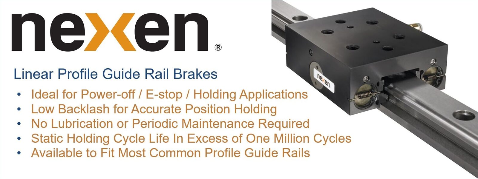 Nexen linear profile guide rail brakes &mdash; ideal for power-off and e-stop holding applications