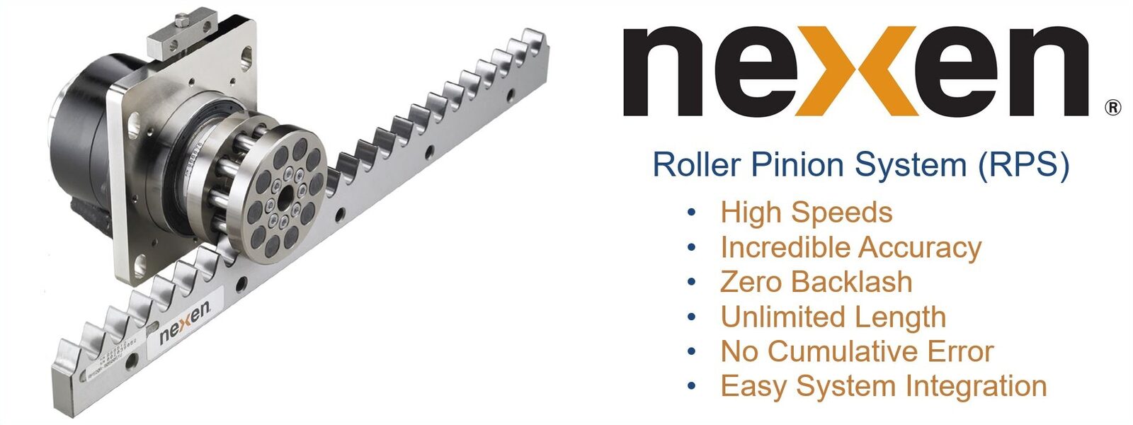 Nexen Roller Pinion System &mdash; high speed, zero backlash linear motion